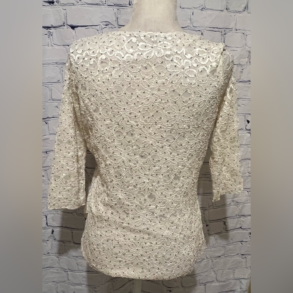Brittany Black Vintage Top L Large Cream Ivory Glitter Floral Mesh 3/4 Sleeve - Picture 6 of 7